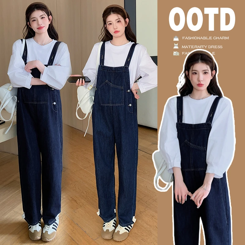 孕妇背带裤2025春季新款宽松打底上衣牛仔背带裤套装