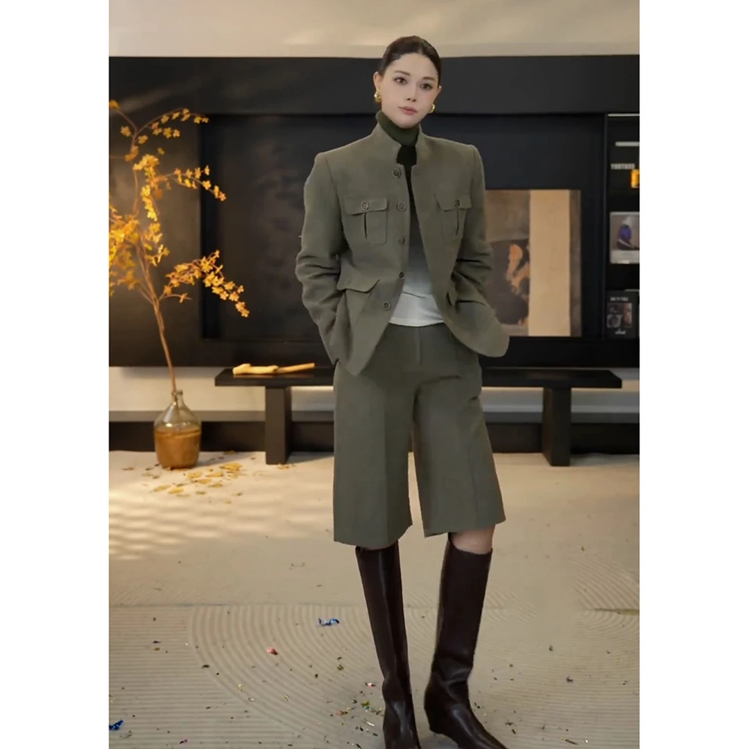 秋冬季新款巨好看整套干练气质高级韩里韩气老钱风卡其色套装裤女