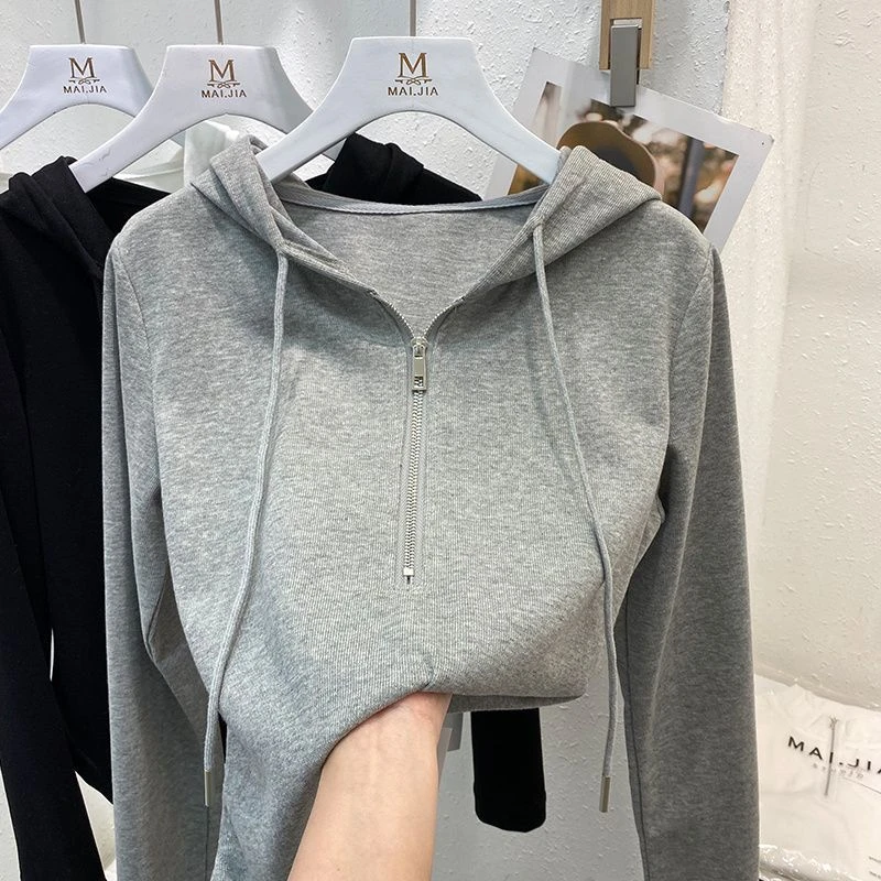 欧货灰色连帽卫衣女长袖2024春秋新款百搭休闲运动风帽衫打底上衣