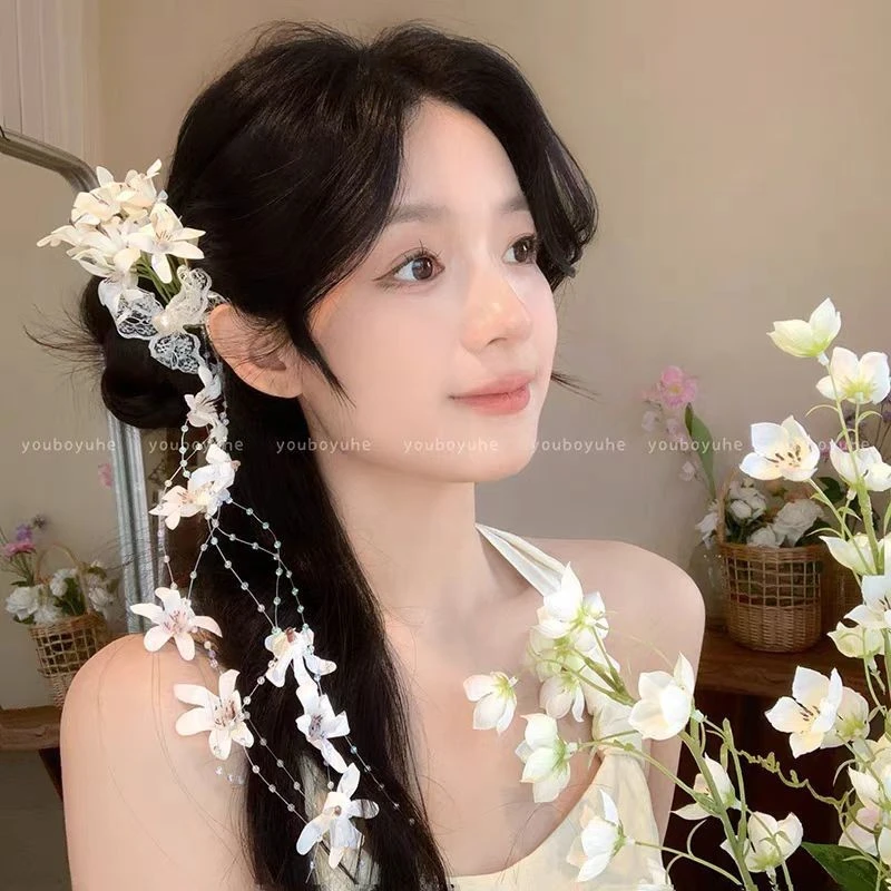 新中式超仙氛围感花朵流苏发夹女轻奢高级感小众侧边夹夸张配饰品