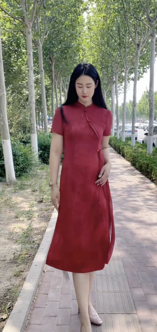 夏短袖中式连衣裙夏季连衣裙显瘦中长款红色