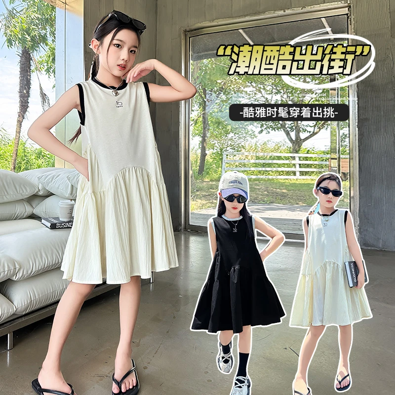 新款女童夏季甜美纯色童装棉质裙子设计感女孩中大童吊带裙背心裙