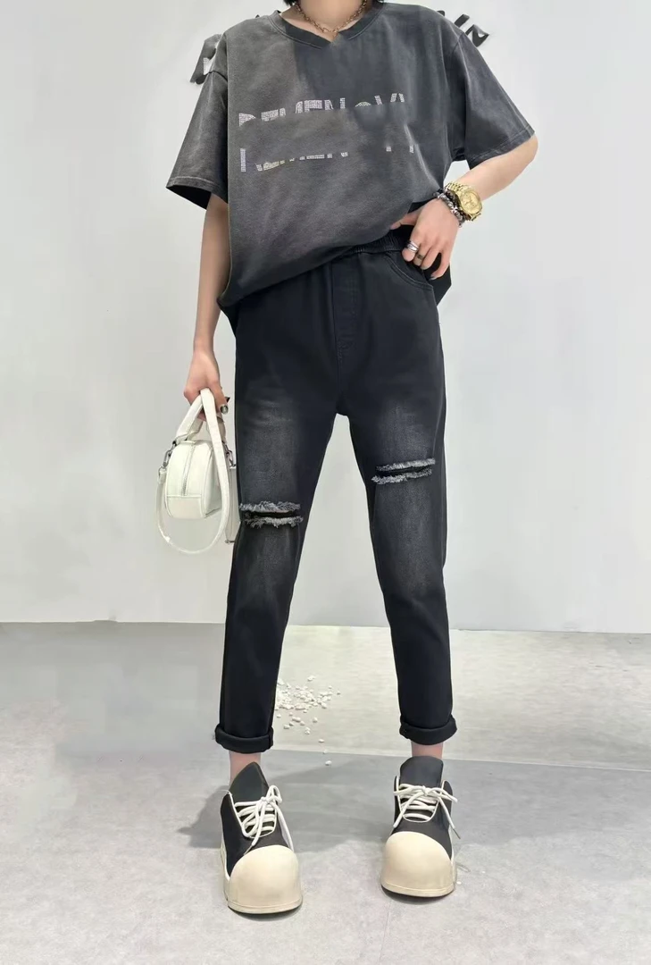 奇奇家潮派大码夏季新款宽松韩版时尚高腰高弹百搭牛仔破洞烟管裤