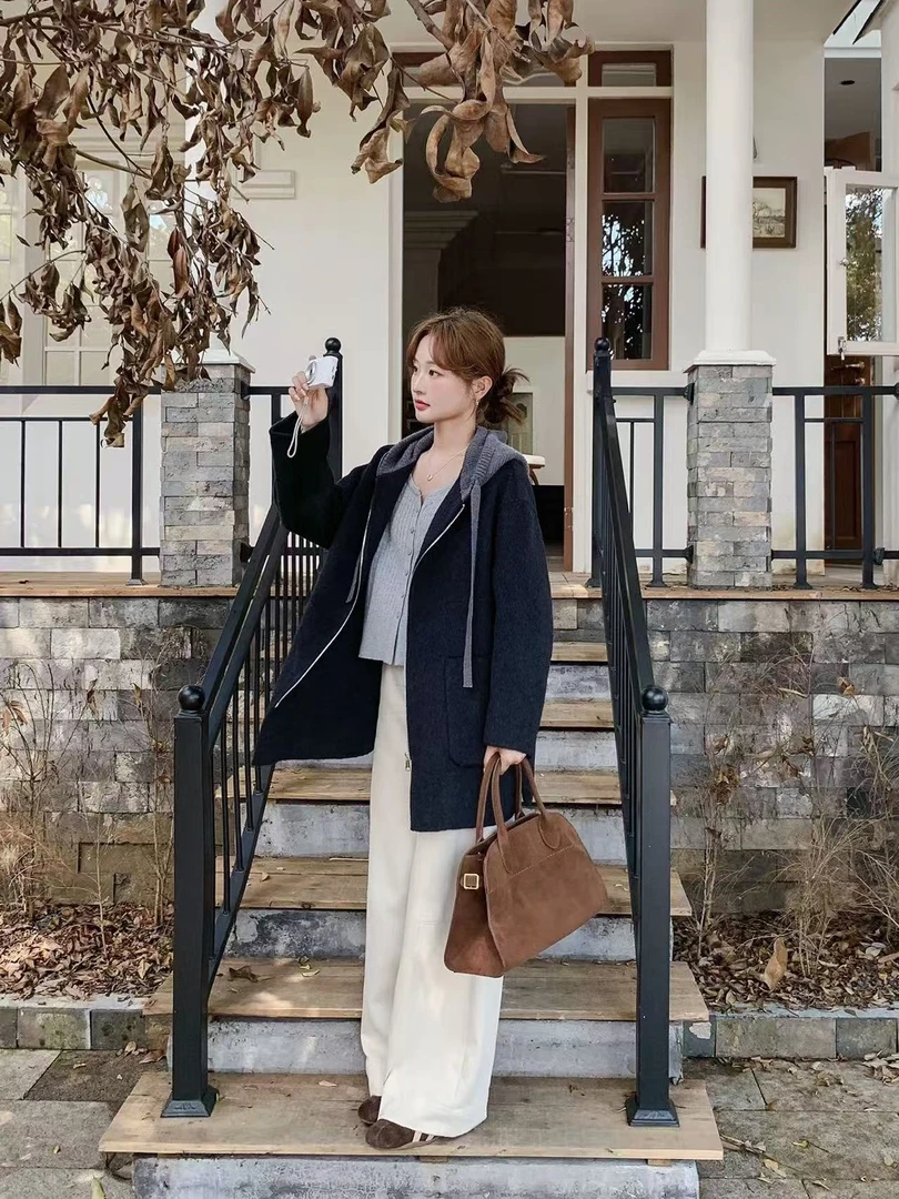 秋冬韩版慵懒风宽松显瘦遮肉大码上衣设计感拼接针织连帽毛呢外套