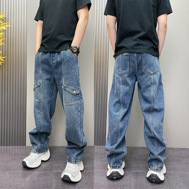 2025秋冬美式复古工装弯刀牛仔裤男士潮流宽松加绒加厚直筒休闲裤