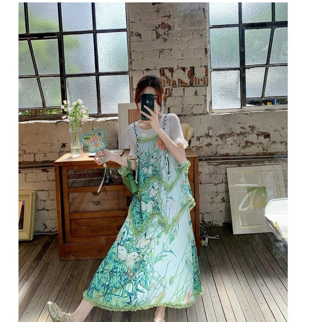 【琉璃】印花长裙蛋糕裙见外包装连衣裙公主洋气纯欲辣妹风.D0815