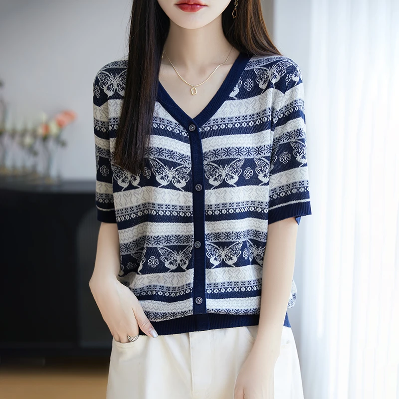 品牌女装正品夏季新款圆领女士针织v领短袖T恤宽松洋气条纹上衣