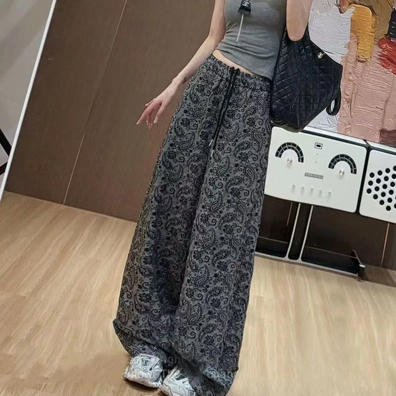 【现货】复古印花休闲裤女夏季松紧腰气质百搭直筒阔腿裤