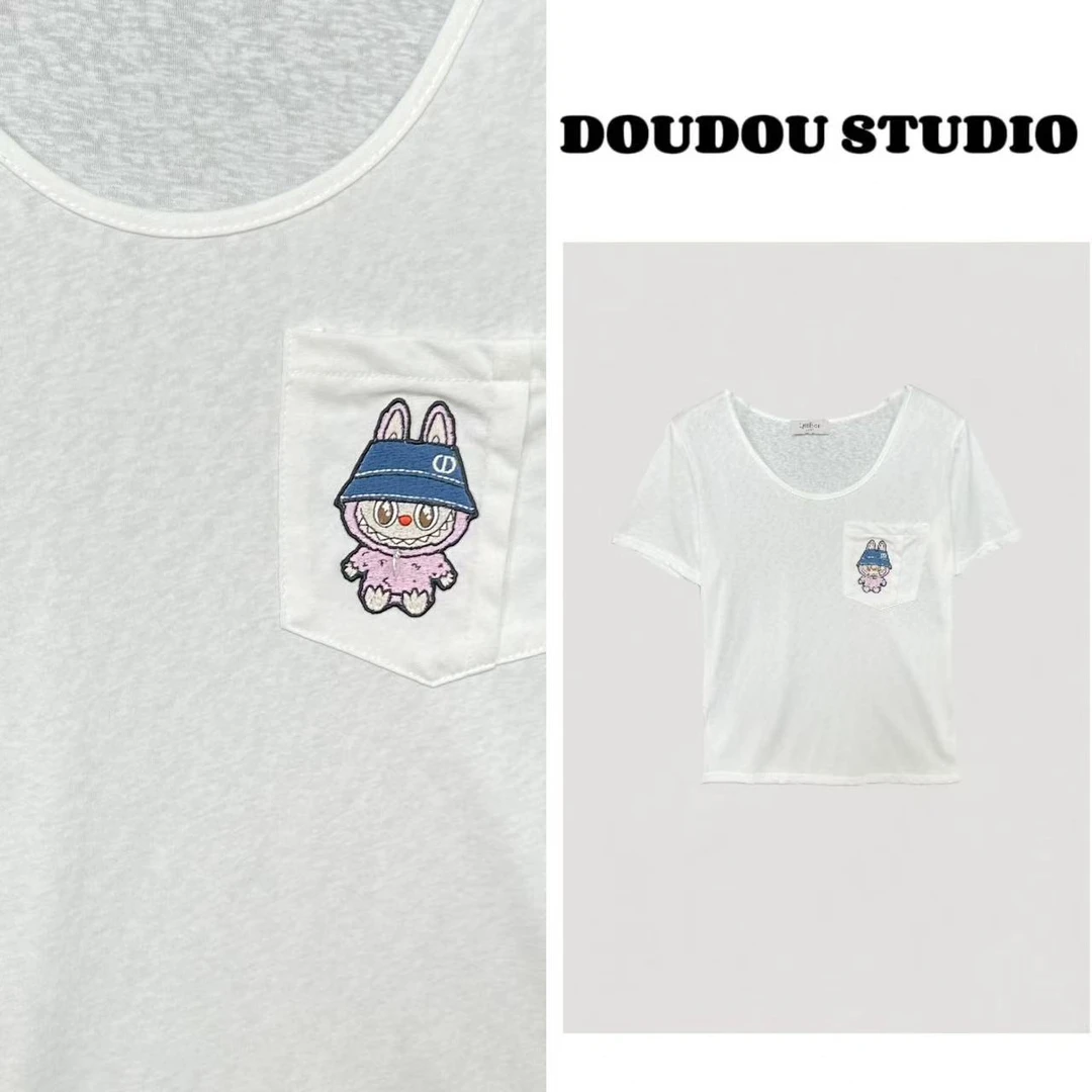 【兜兜】粉布布 夏季新款简约小刺绣百搭短袖T恤 井2636A