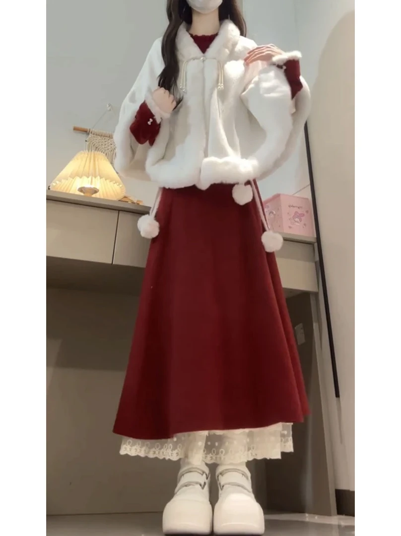 新中式国风新年穿搭套装女秋冬季毛毛领斗篷外套收腰连衣裙两件套