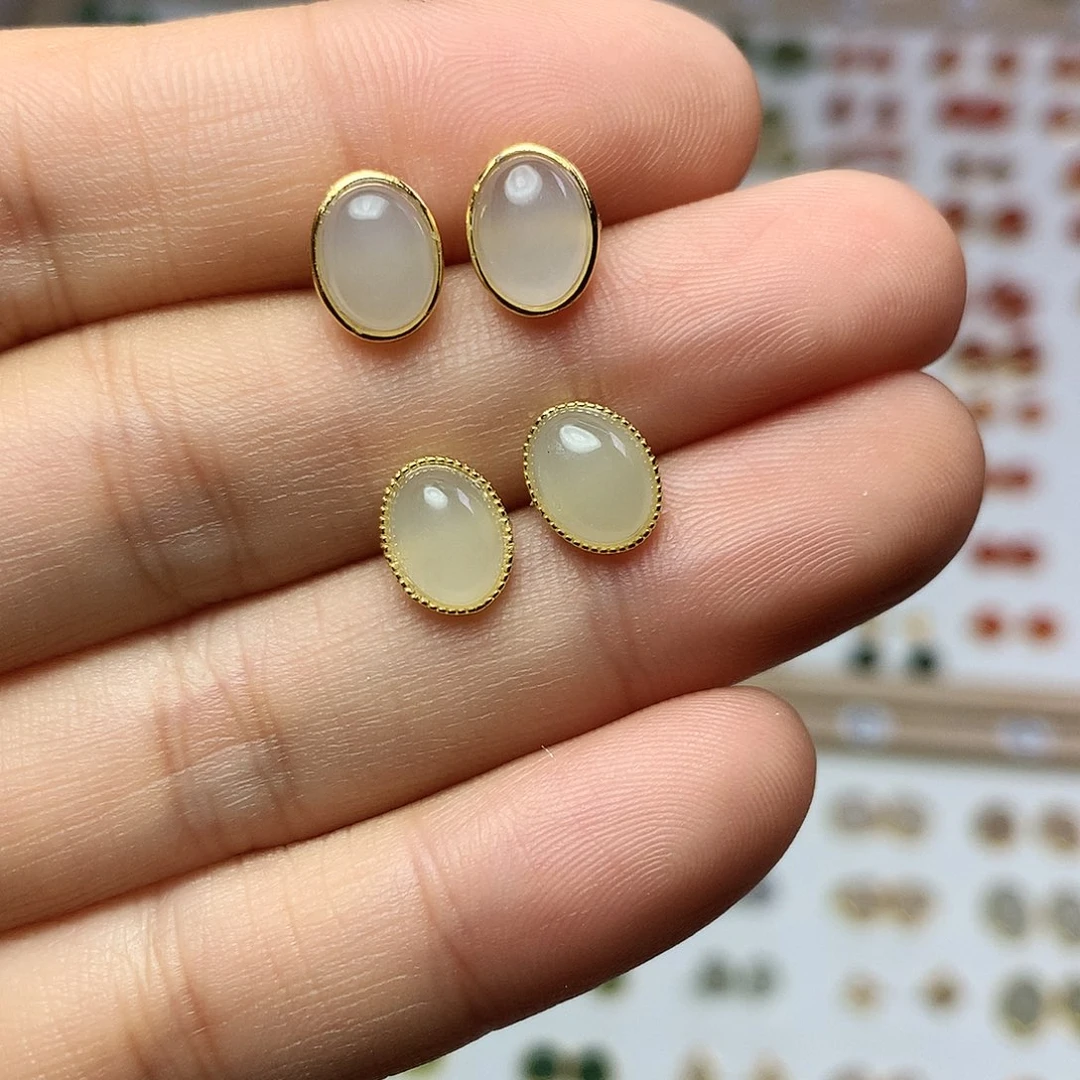 银S925镀金镶嵌和田玉（白玉）耳饰