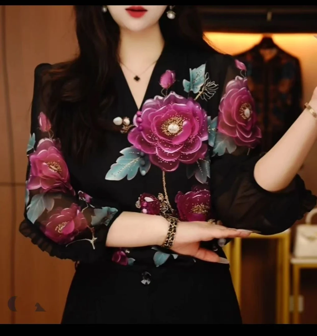 【牡丹花】七分袖V领显瘦小衫新款高端定位印花气质百搭女衬衣2179
