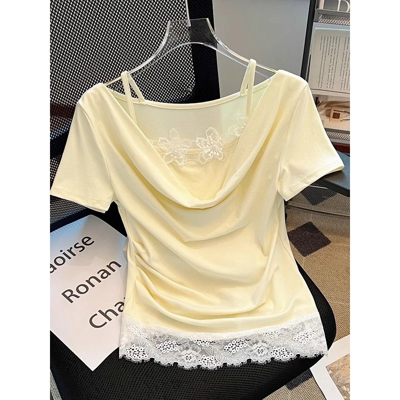 设计感气质白色洋气时尚百搭法式宽松蕾丝显瘦短款性感夏季小众ol