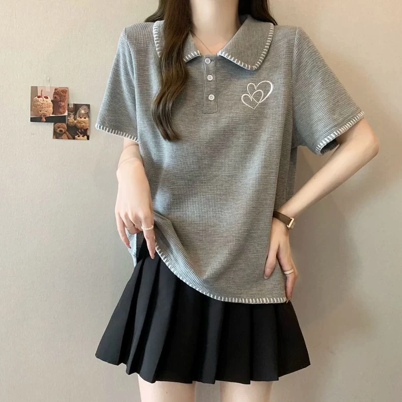 胖大码领减龄洋气短袖衬衫文艺淑女时尚设计感刺绣显瘦上衣