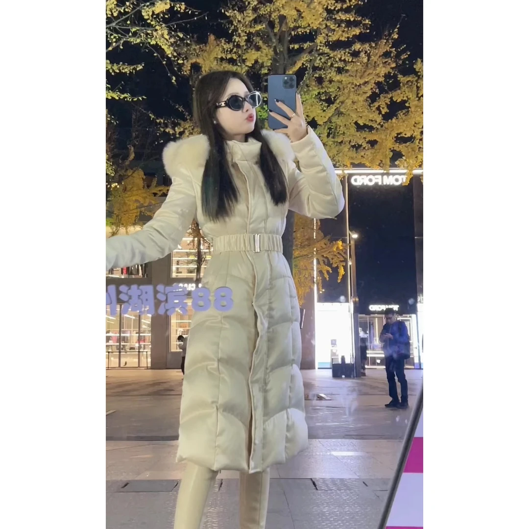 SANSAN-浅香槟色长款-2026冬季收腰显瘦90白鸭绒真狐狸毛领羽绒服