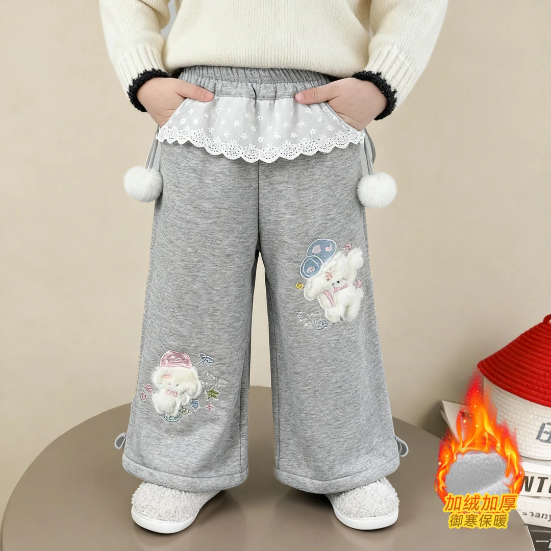 女童加绒裤子秋冬新款儿童卡通小狗直筒裤洋气宝宝时尚保暖休闲裤
