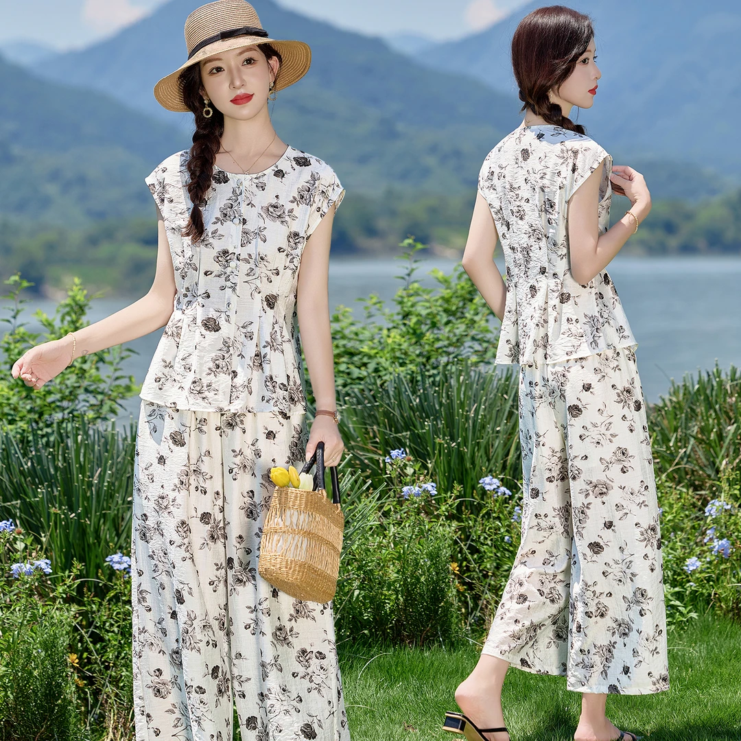 休闲复古印花收腰套装2025年夏季新款高级感通勤百搭阔腿裤两件套