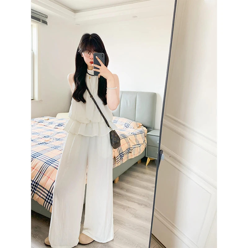 花苞下摆飘带无袖挂脖上衣女生韩系ins衣服直筒休闲阔腿裤套装