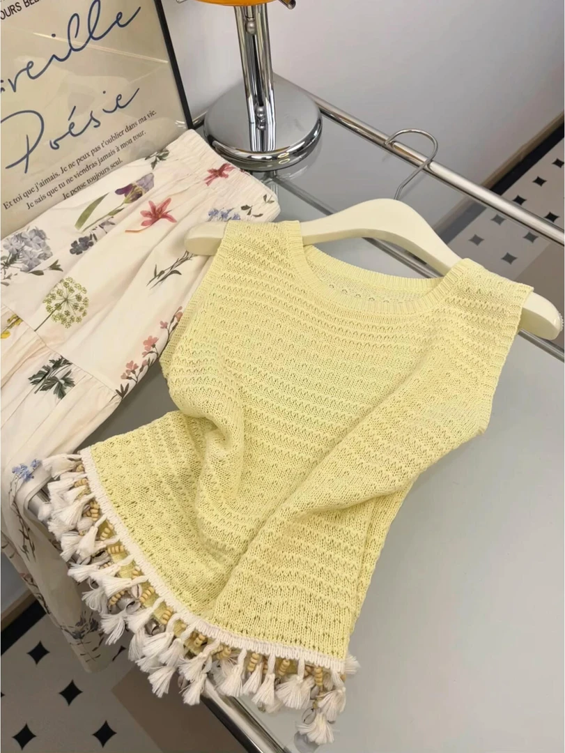 度假风流苏镂空针织吊带背心女装夏季新款ins风外穿工字无袖上衣