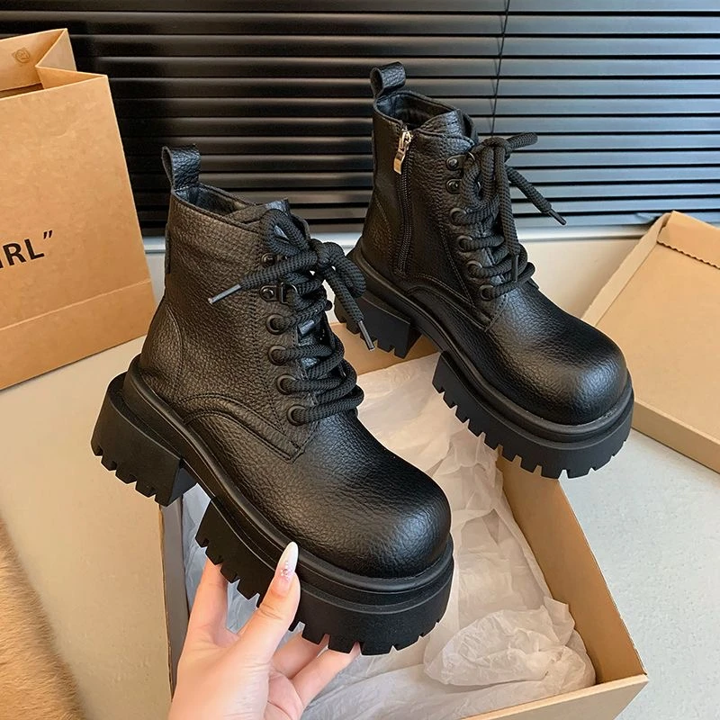 马丁靴女冬季新款松糕厚底增高短靴侧拉链机车靴子625