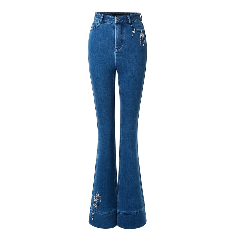 MAXRIENY秋季流星钉钻百搭牛仔长裤高腰处理修身微喇休闲裤牛仔裤