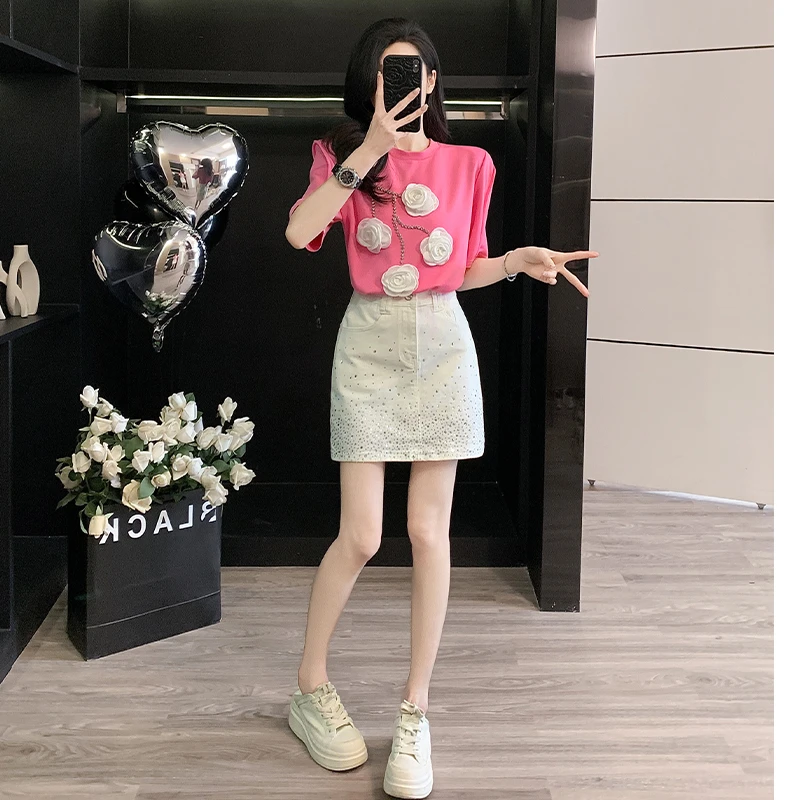休闲时尚套装短袖花朵短裙复古显瘦夏季减龄小个子A字小个子套装