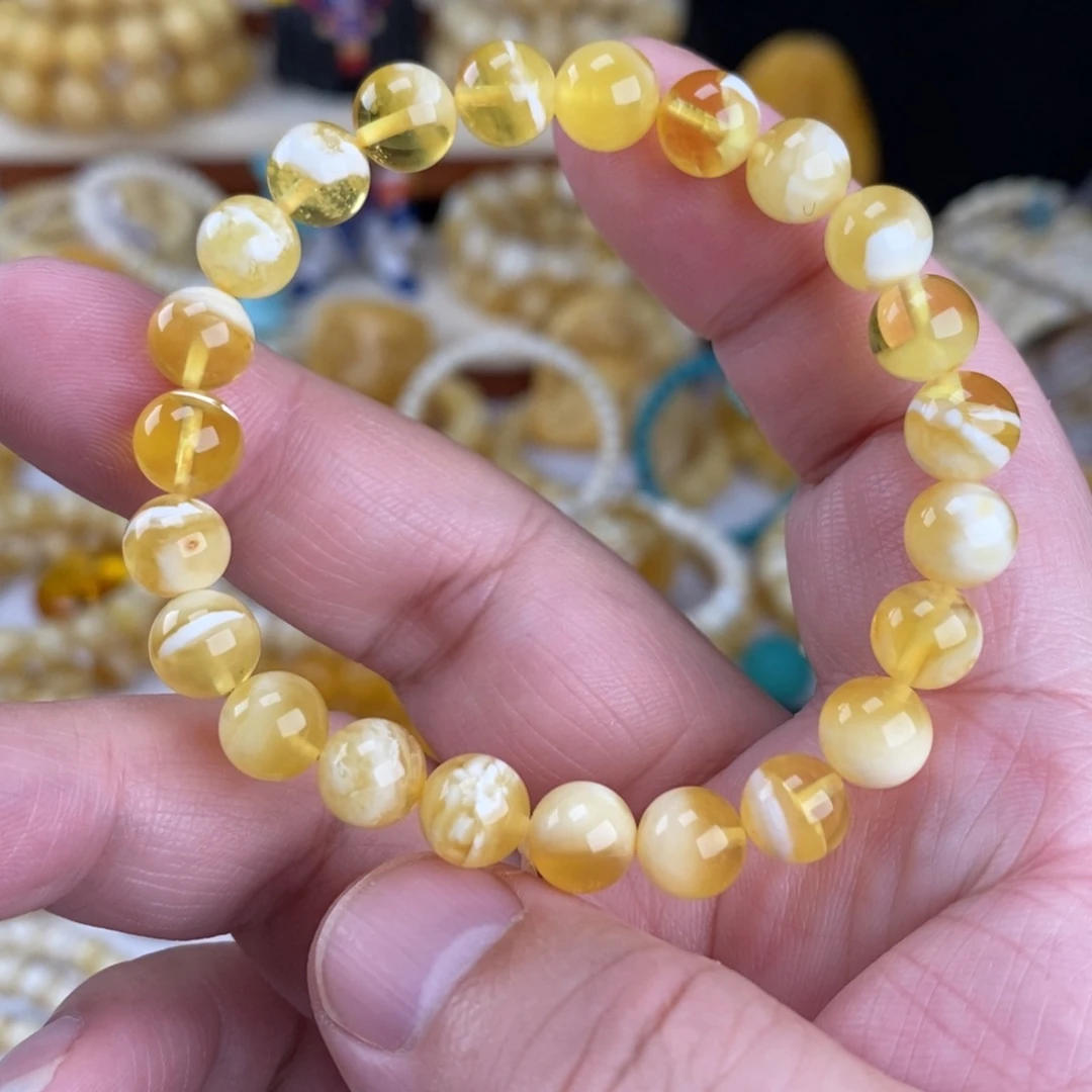 蜜蜡未镶嵌手链金瓷白妖花8mm圆珠