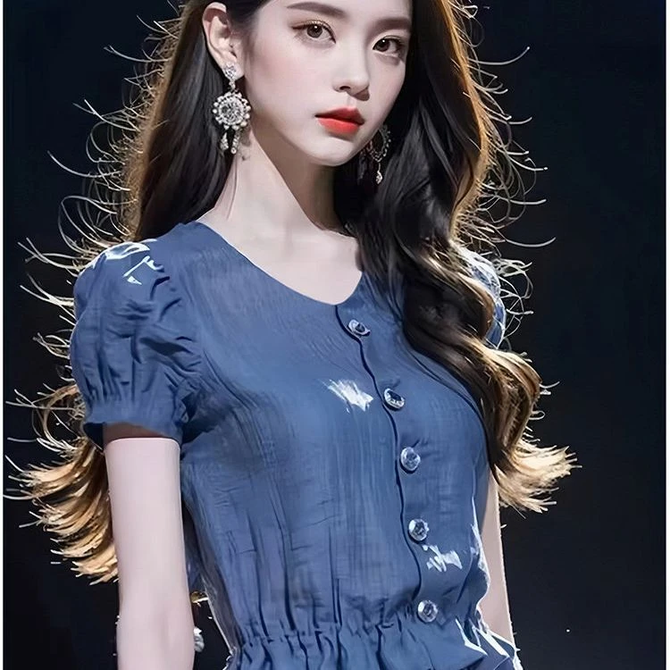 【轻奢风】法式轻奢领蓝色洋气泡泡短袖衬衫女设计感小众漂亮小衫