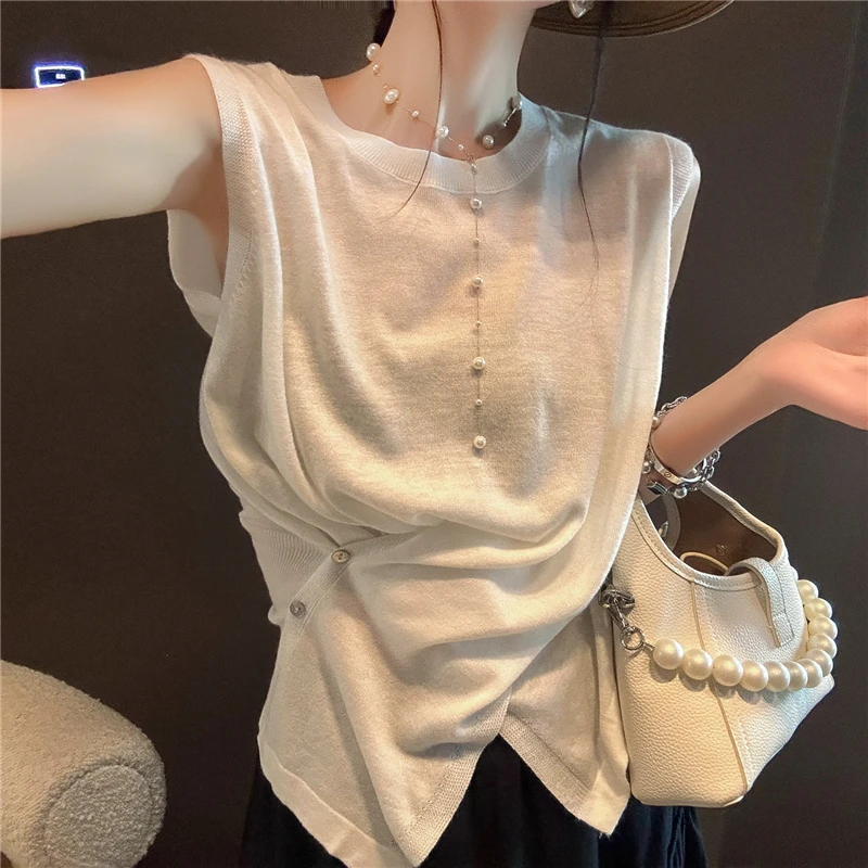 2025夏季女装宽松时尚气质上衣薄款冰丝不规则无袖T恤显瘦针织衫