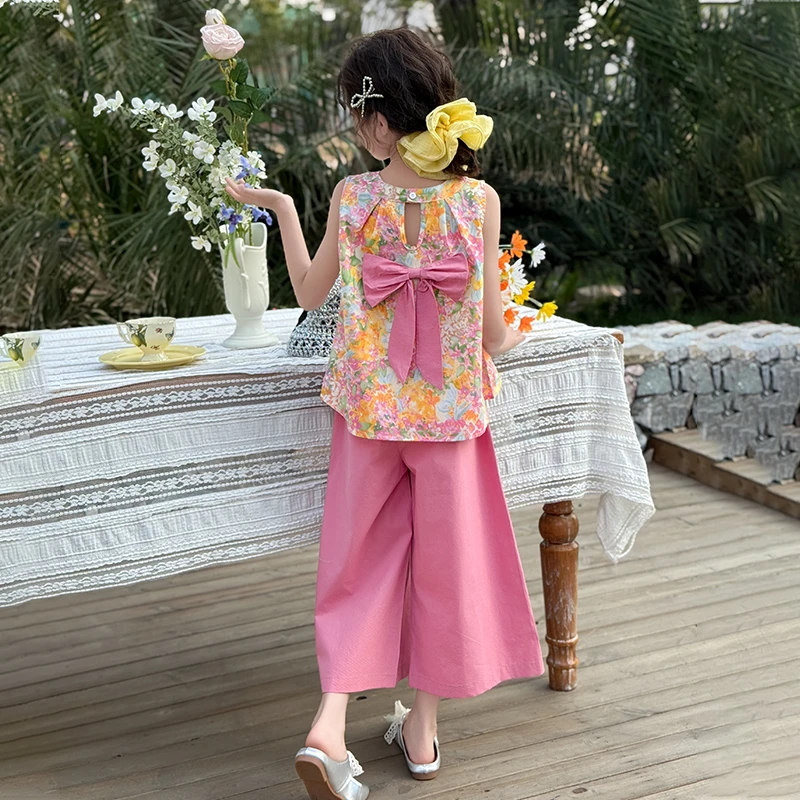 女童夏季套装2025新款儿童洋气甜美无袖碎花阔腿裤夏装薄款两件套