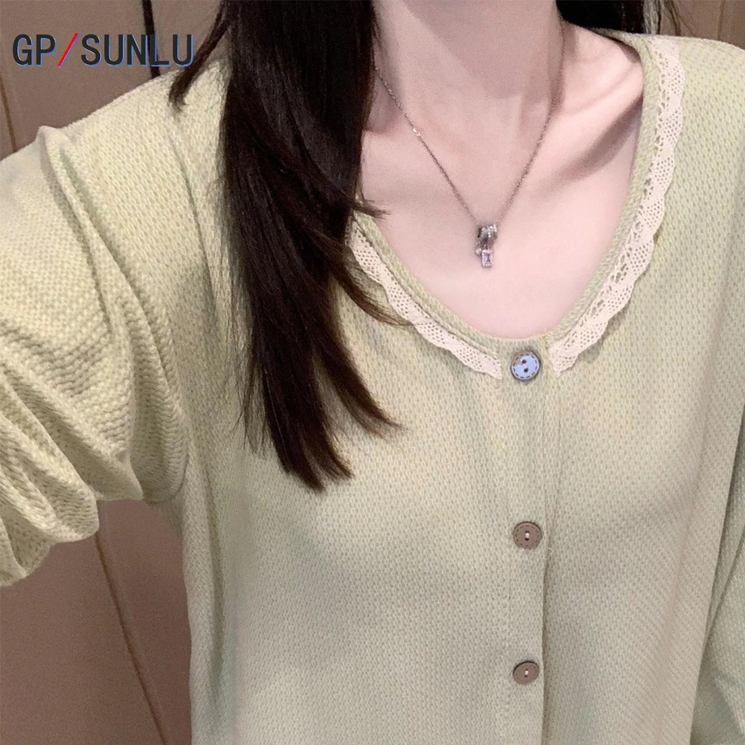 日本小众GP梦鸾羊绒睡衣女春秋款德绒韩系蕾丝花边高级感长袖长裤