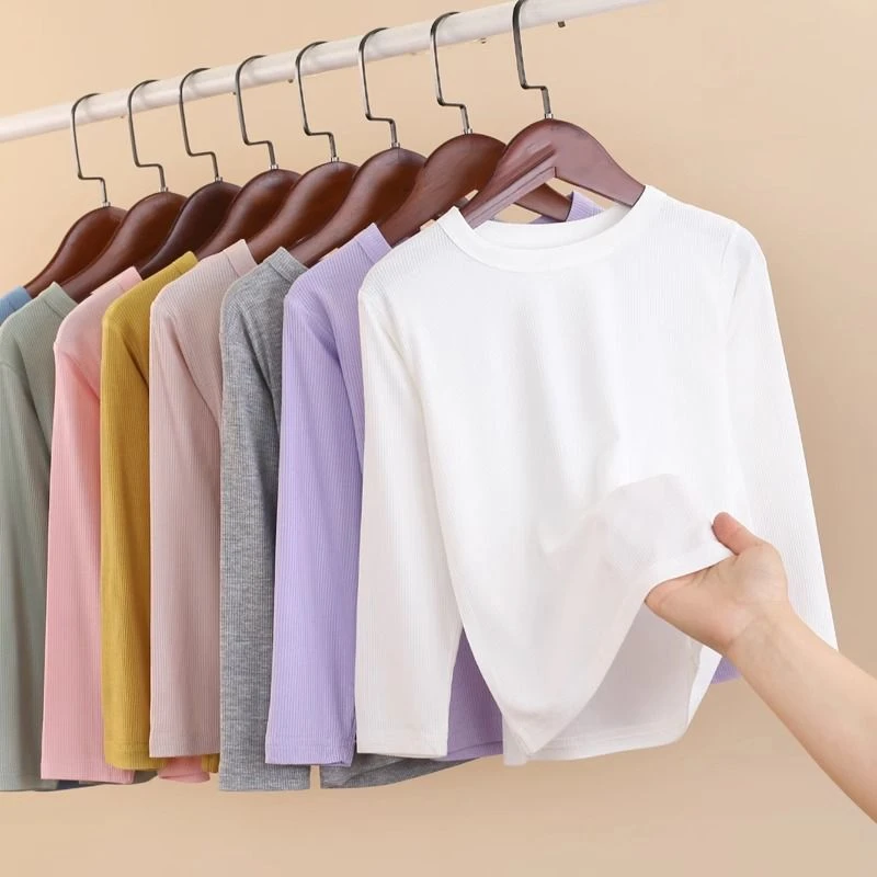 儿童莫代尔坑条高弹力休闲修身春秋男女童长袖T恤薄内搭宝宝上衣