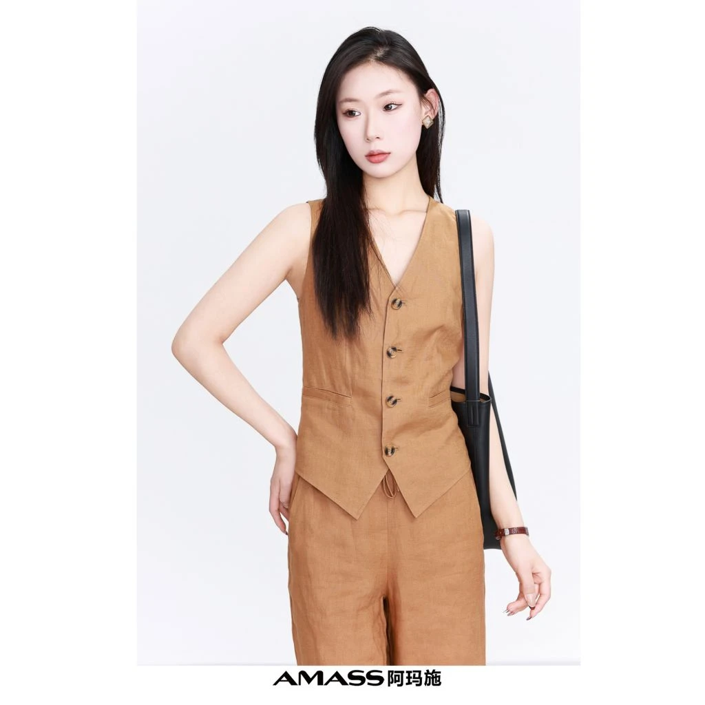 AMASS/阿玛施5400870新款亚麻复古休闲马夹时尚收腰百搭女士马甲