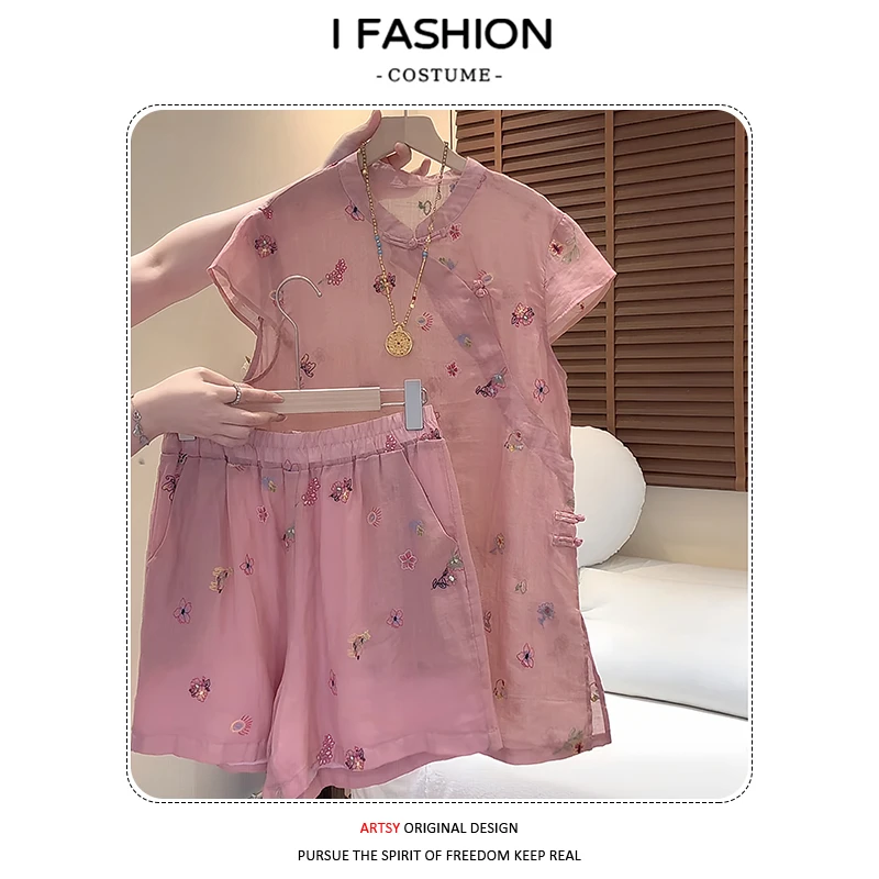 2026年夏季新中式国风提花刺绣套装女设计感宽松上衣短裤两件套潮