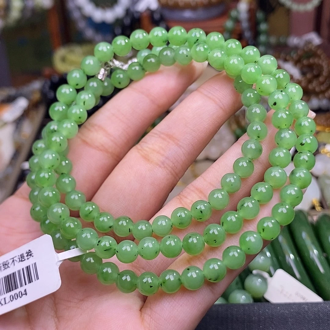 和田玉未镶嵌颈饰碧玉果绿老矿料108卡6mm