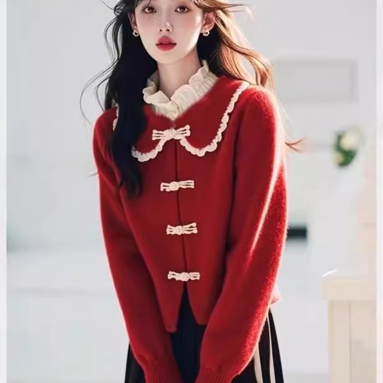 2025新款chic上衣新中式翻领花边超好看高级气质红色针织毛衣秋冬