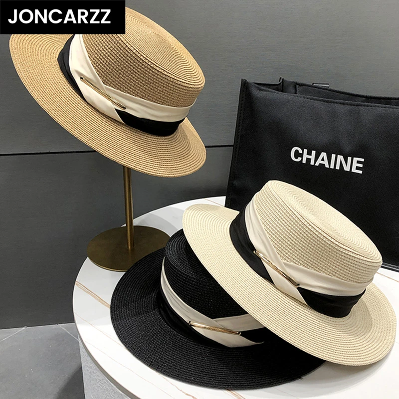 JONCARZZ防晒大檐法式平顶礼帽女士夏季海边沙滩凉帽遮阳草编帽子