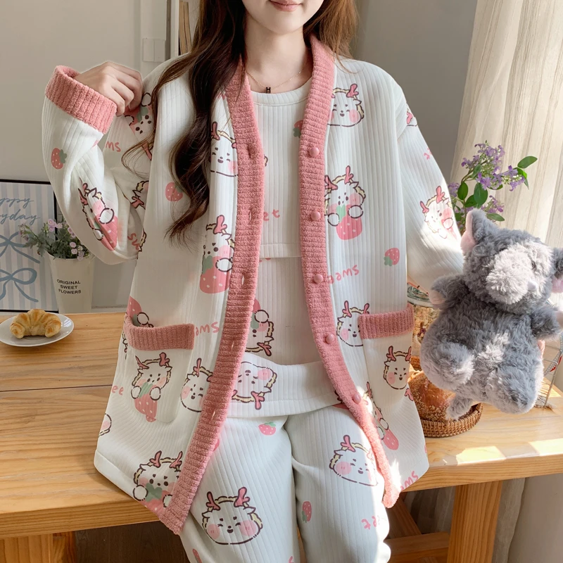 空气棉三件套孕妇睡衣秋冬季产后产妇哺乳期加厚月子服10-12月份