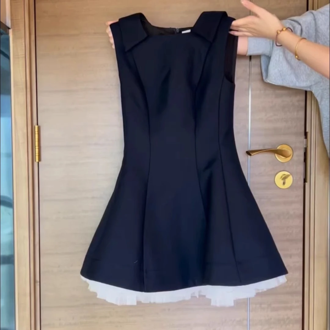 荷叶边拼接背心连衣裙女夏季2025复古新款气质收腰显瘦无袖中长裙