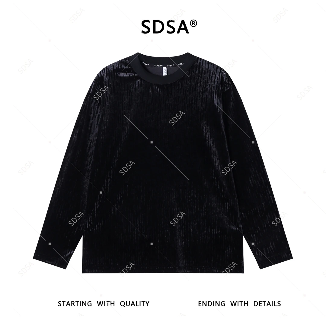 SDSA男士2025新款轻奢痞帅男装美式简约植绒设计圆领长袖T恤潮牌