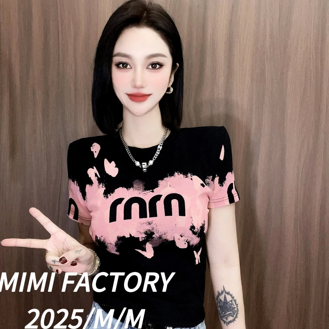 芈芈 2025新款短袖 欧货字母满印短袖T恤女时尚修身显瘦上衣2601#