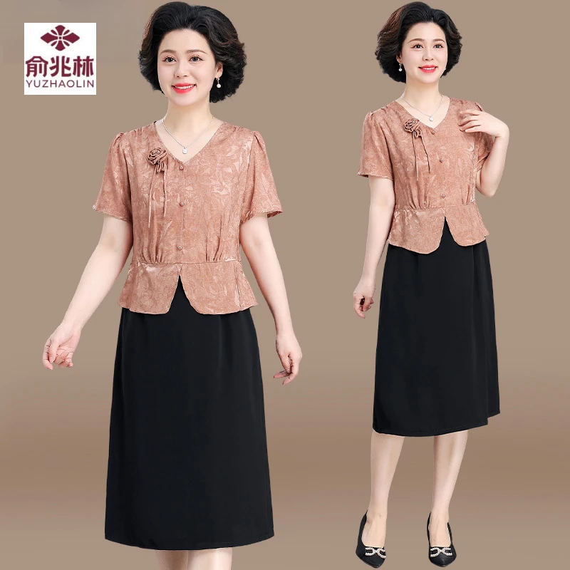 中年妈妈夏装连衣裙洋气高贵中老年女夏季短袖裙子喜婆婆婚宴礼服