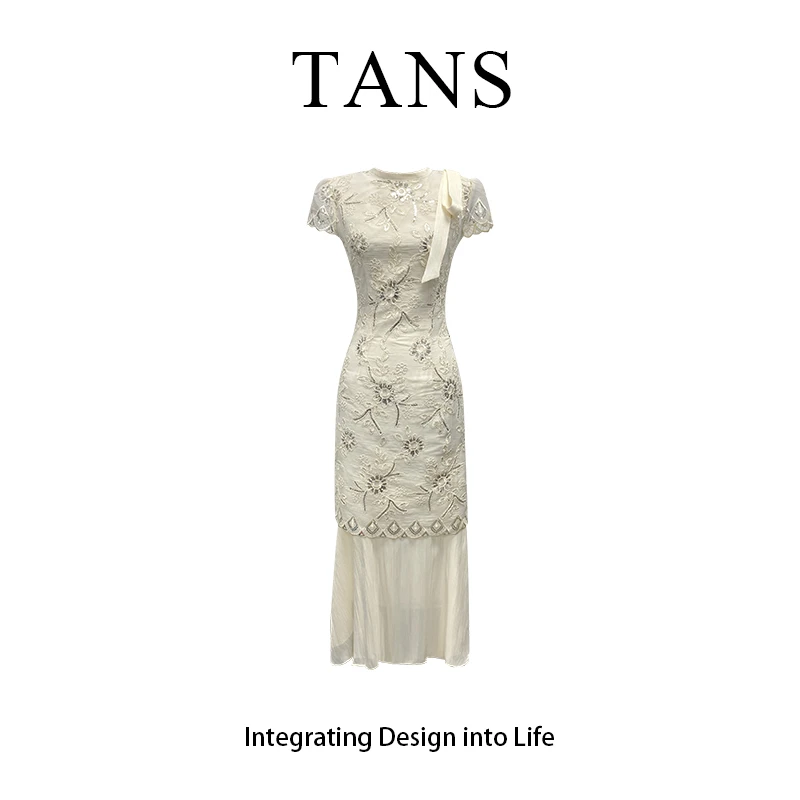 现货 TANS【梦里花】法式假两件亮片设计长款连衣裙女夏季