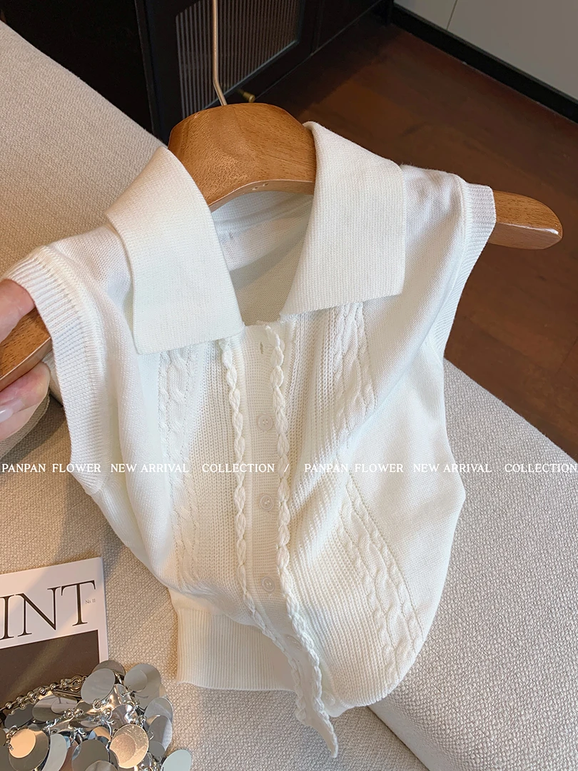 法式polo领白色无袖针织衫背心女夏季2025新款气质显瘦修身短上衣