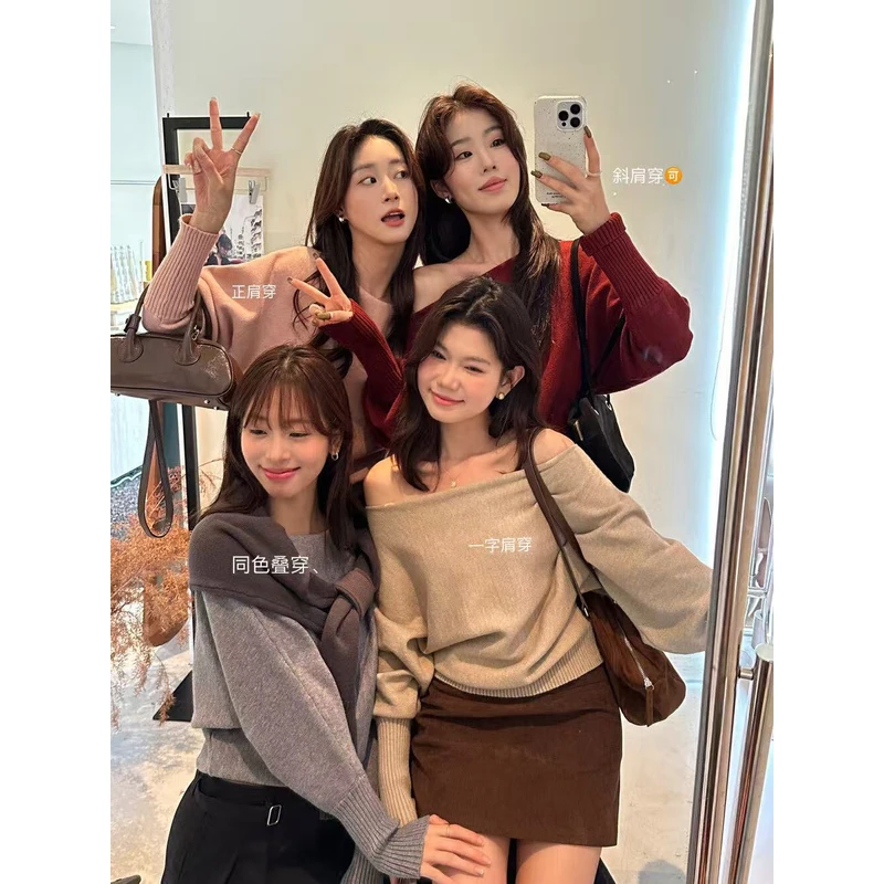（6-8运贴）设计感灯笼袖一字领针织衫秋季慵懒感斜肩显瘦长袖毛衣