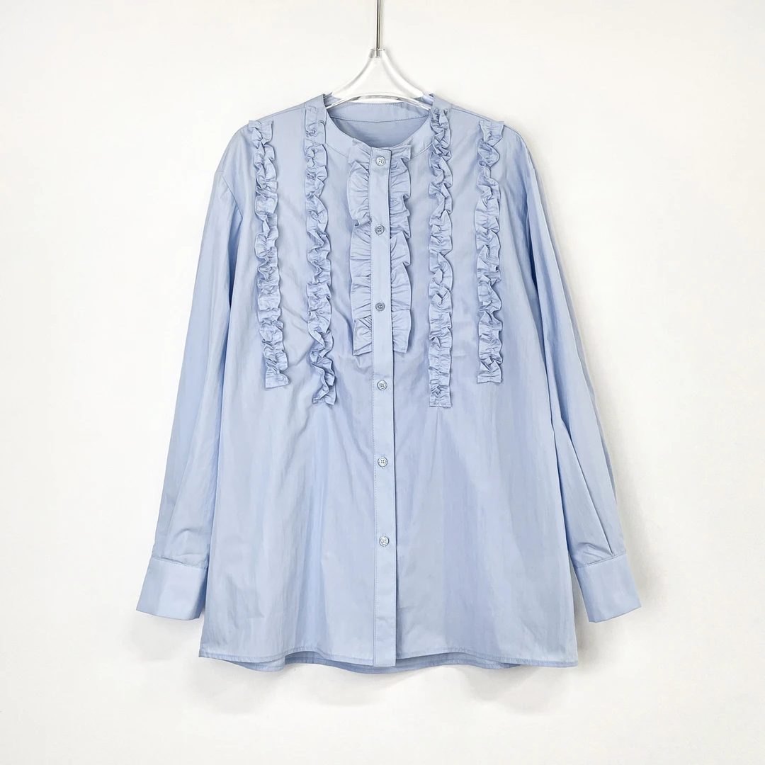“淡蓝荷叶边衬衫” 早春圆领长袖上衣 XIAOP-Y2513