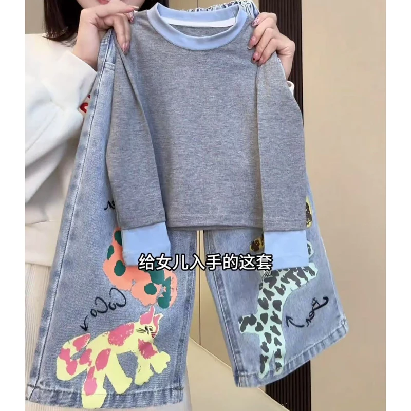 女童牛仔直筒裤春秋装2025新款洋气儿童宽松裤子宝宝春季阔腿长裤