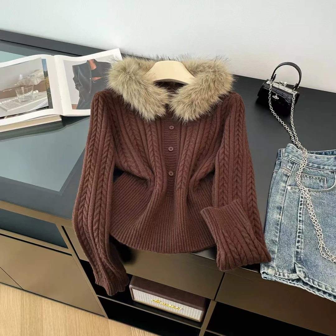 韩系慵懒风气质百搭高级感毛领针织衫毛衣女秋冬新款宽松保暖上衣