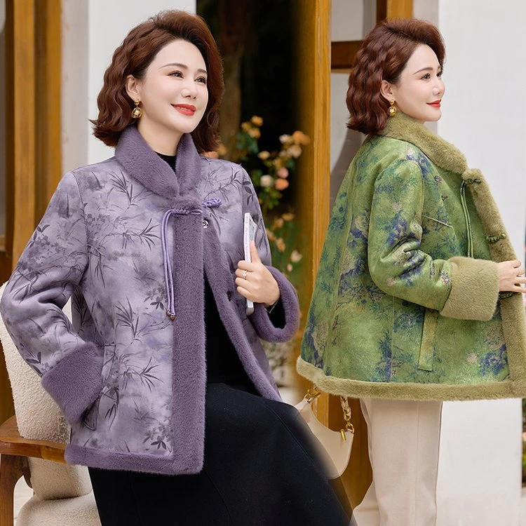 中式中年妈妈冬装仿水貂绒双面穿外套中年女装加厚国风皮毛一大衣