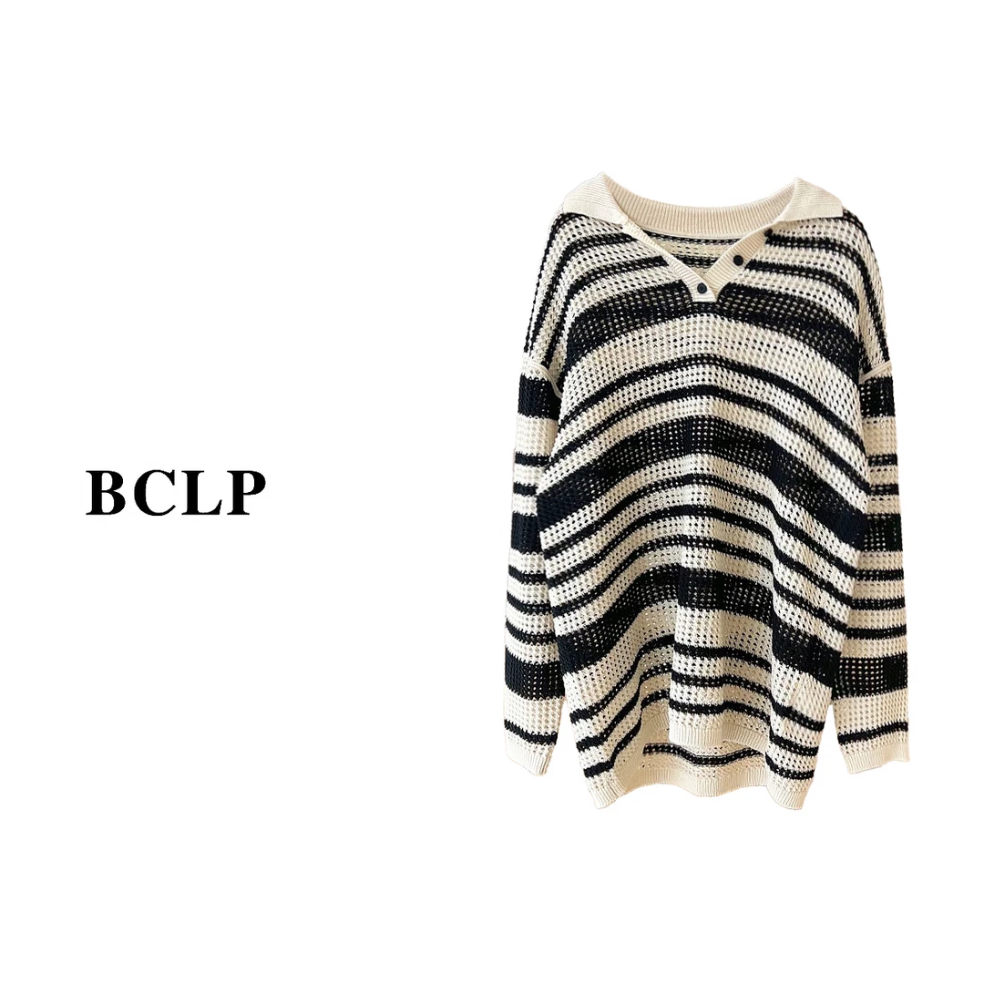 M1304女春夏时尚镂空针织衫罩衫上衣T恤领毛衣拼色设计外搭薄款